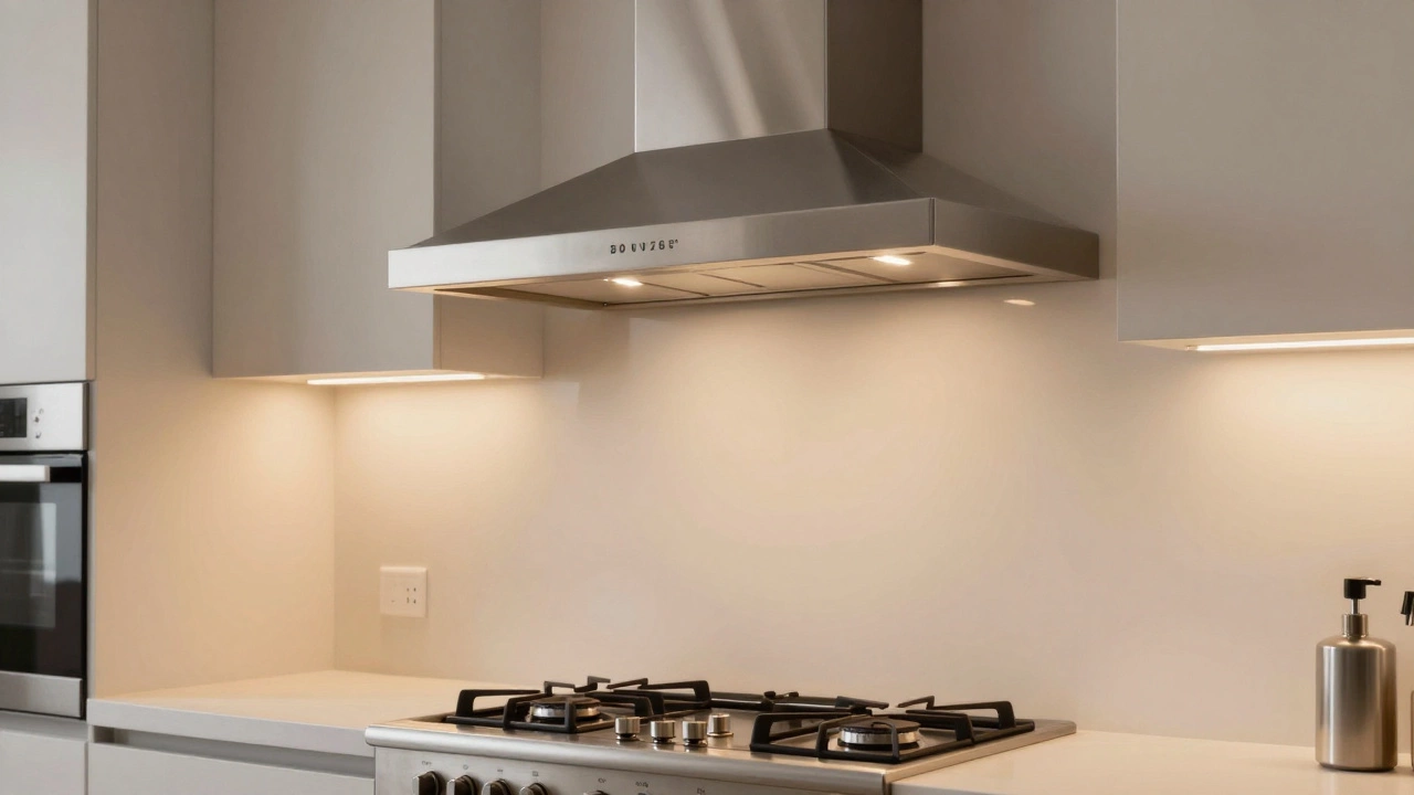 Correctly installed stainless steel extractor fan above a modern gas stove