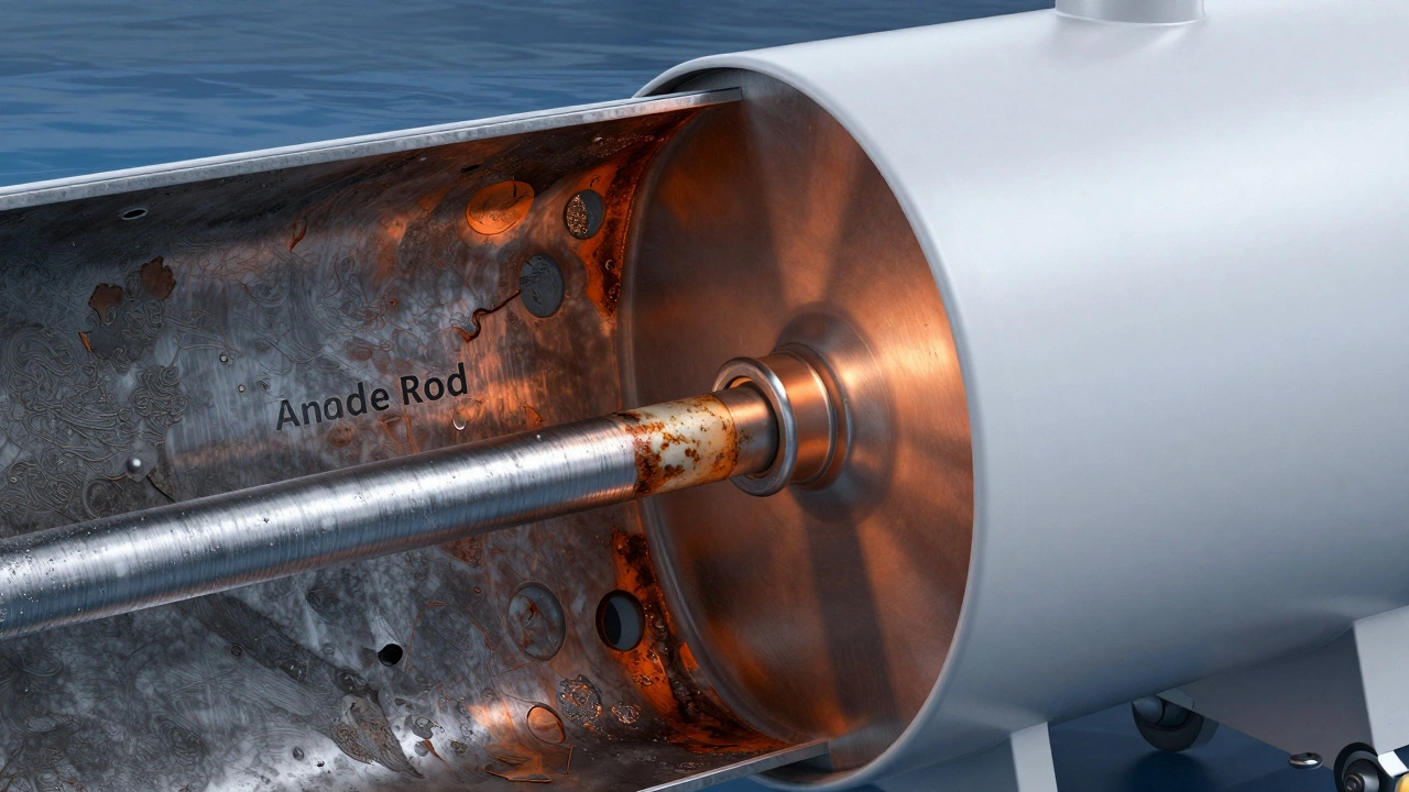 Cross-section 3D render of a water heater tank showing the protective anode rod