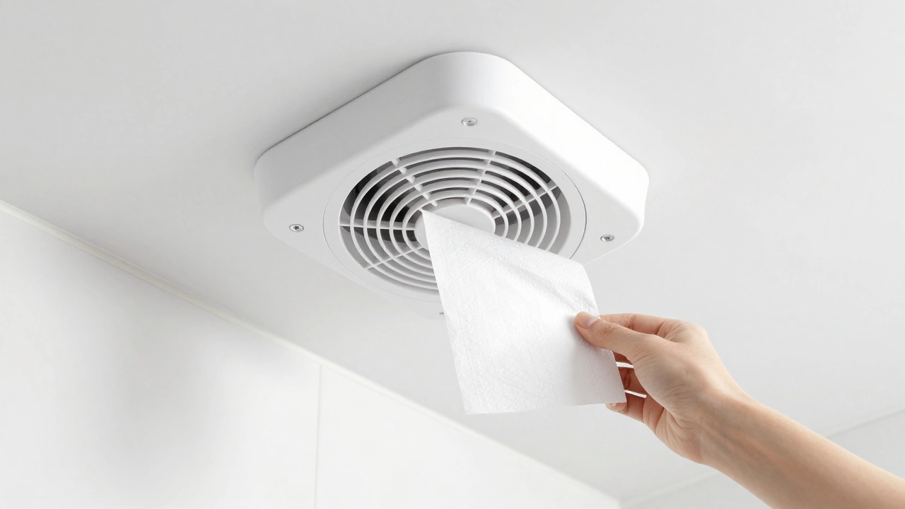 Hand performing a paper suction test on a modern bathroom ceiling fan