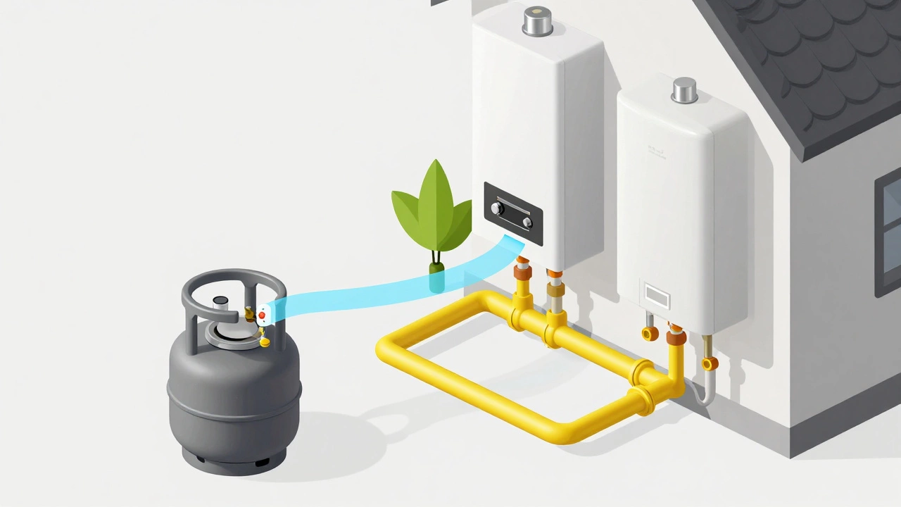 Isometric diagram showing gas flow from a meter to home appliances