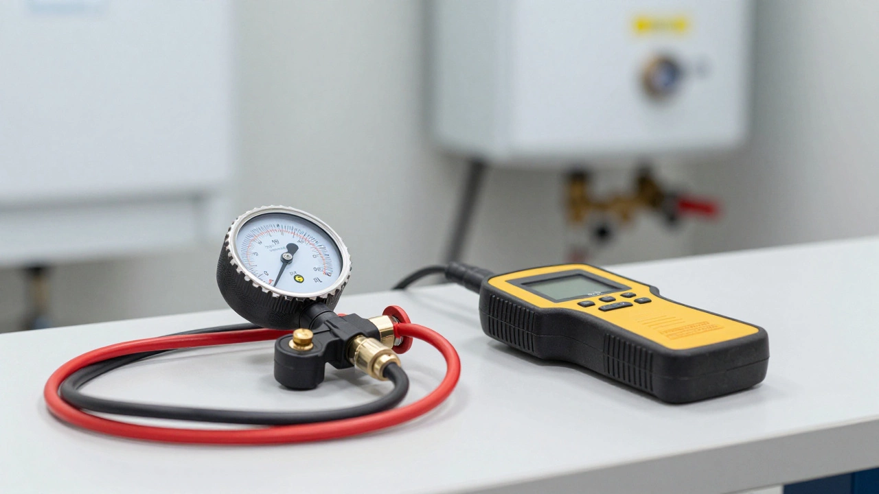 Professional gas leak detector and manometer tools on a workbench