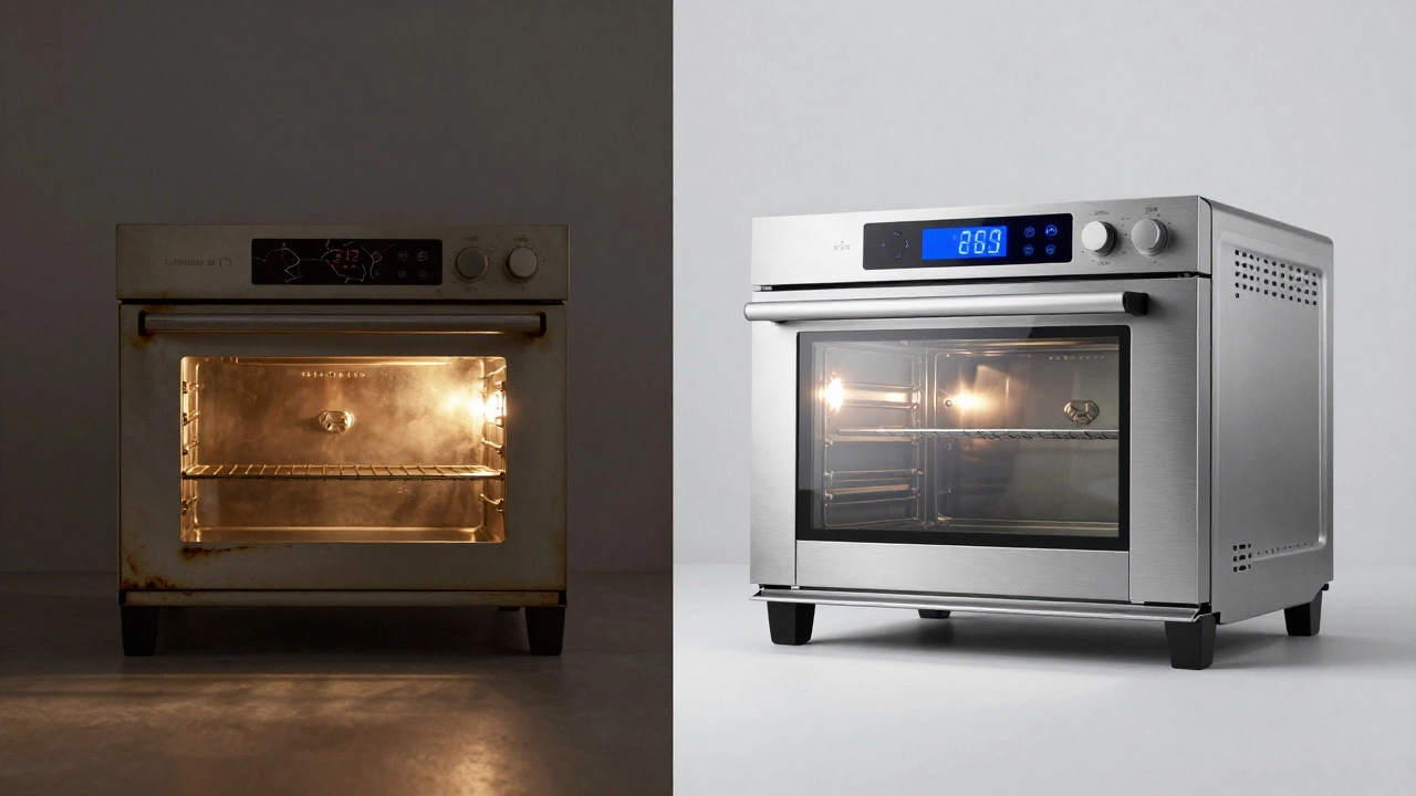 Split screen comparing an old, broken oven with a modern, energy-efficient model