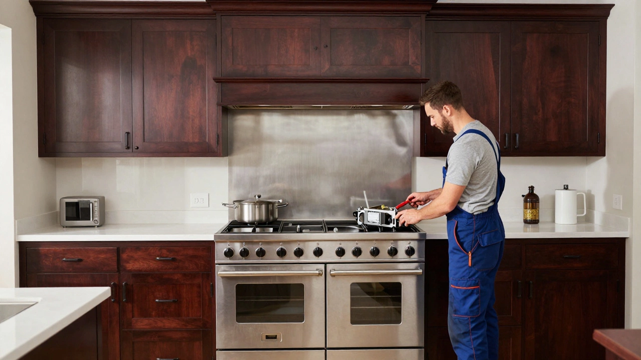 Technician repairing a professional stainless steel stove in a custom kitchen