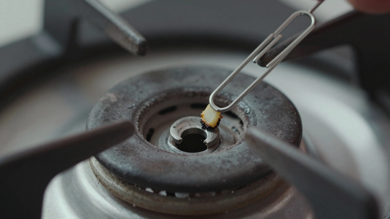 Using a paperclip to clean a clogged port on a gas stove burner head