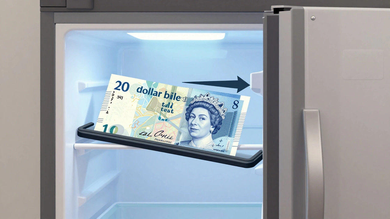 Banknote being pulled from fridge door seal to test fit