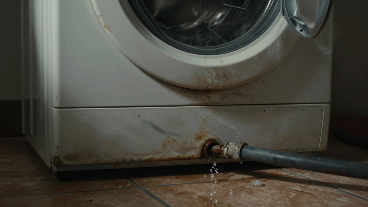 Close-up of a leaking, vibrating washing machine showing signs of age and mechanical failure.
