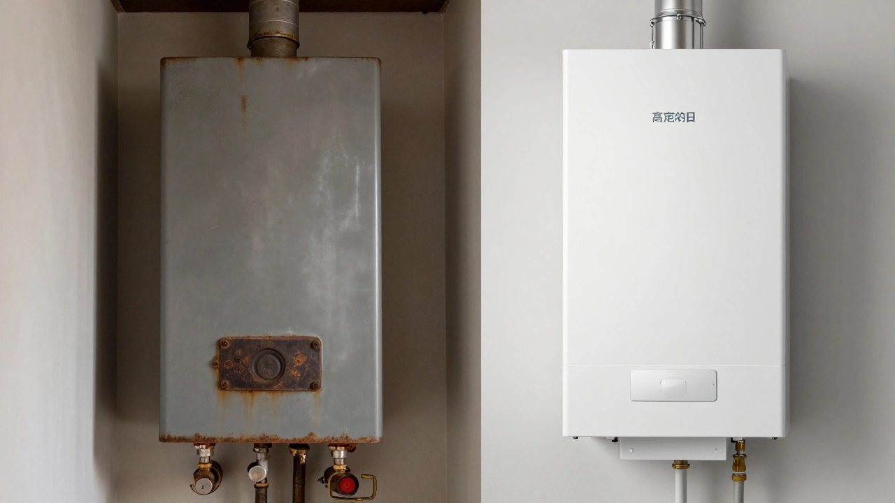 Comparison of old rusty boiler vs new modern efficient unit