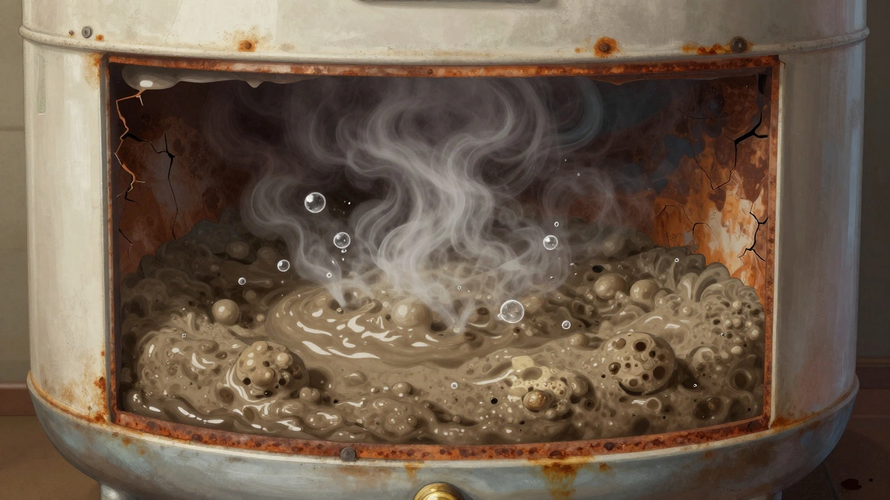 Cross-section of water heater showing sediment buildup
