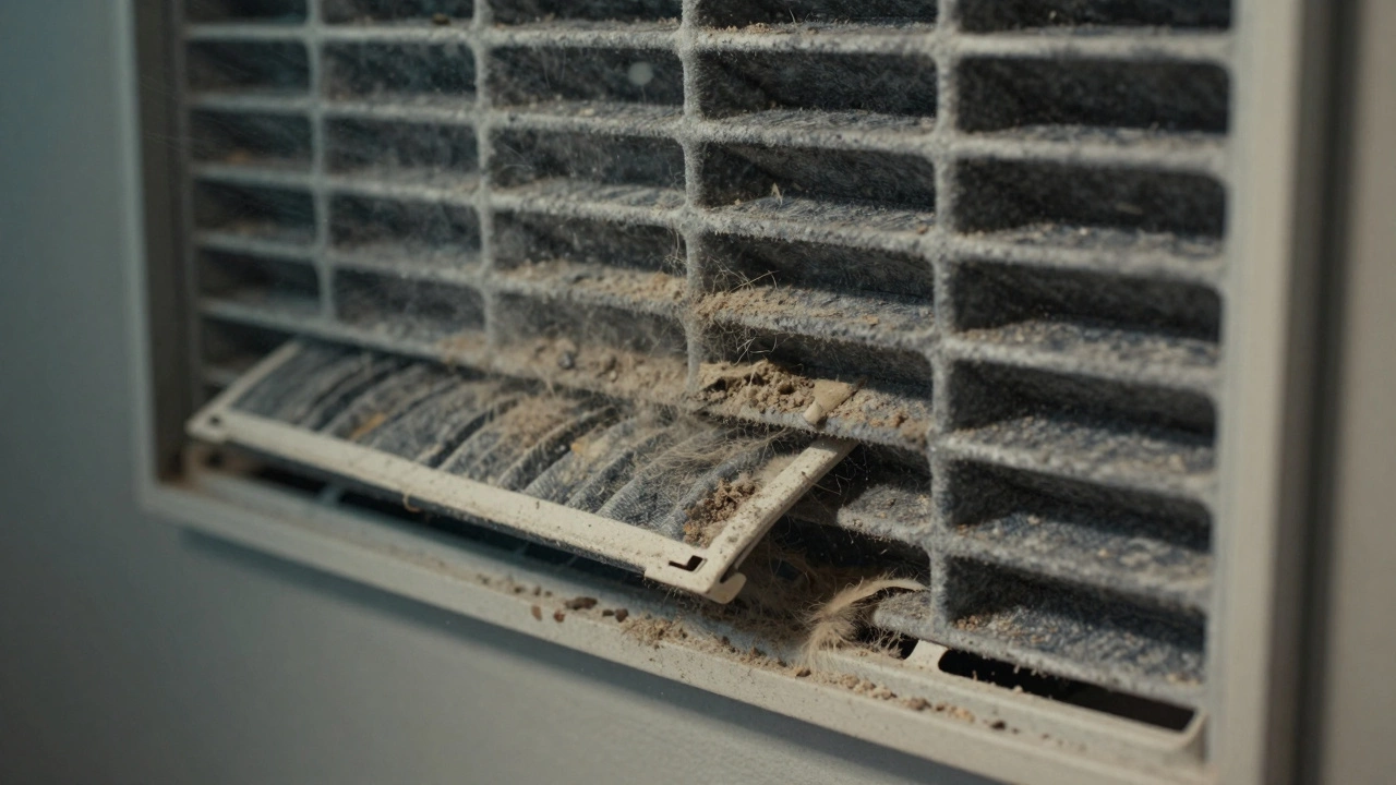 Cross-section view of a dirty, clogged air filter blocking an HVAC vent