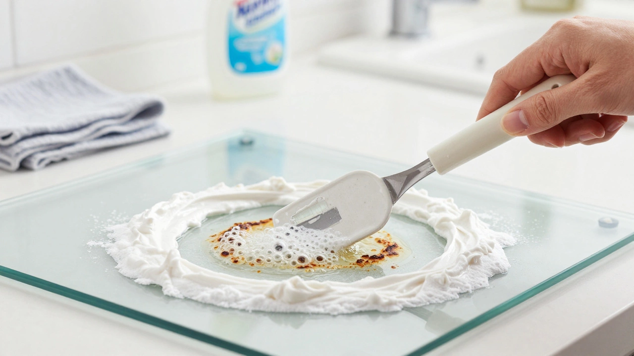 Hand using a scraper and baking soda paste to clean a dirty glass cooktop.