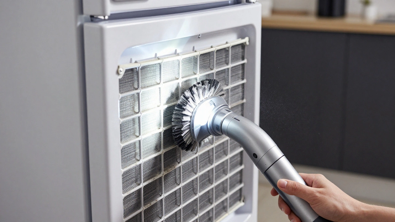 Hand vacuuming dust off refrigerator condenser coils