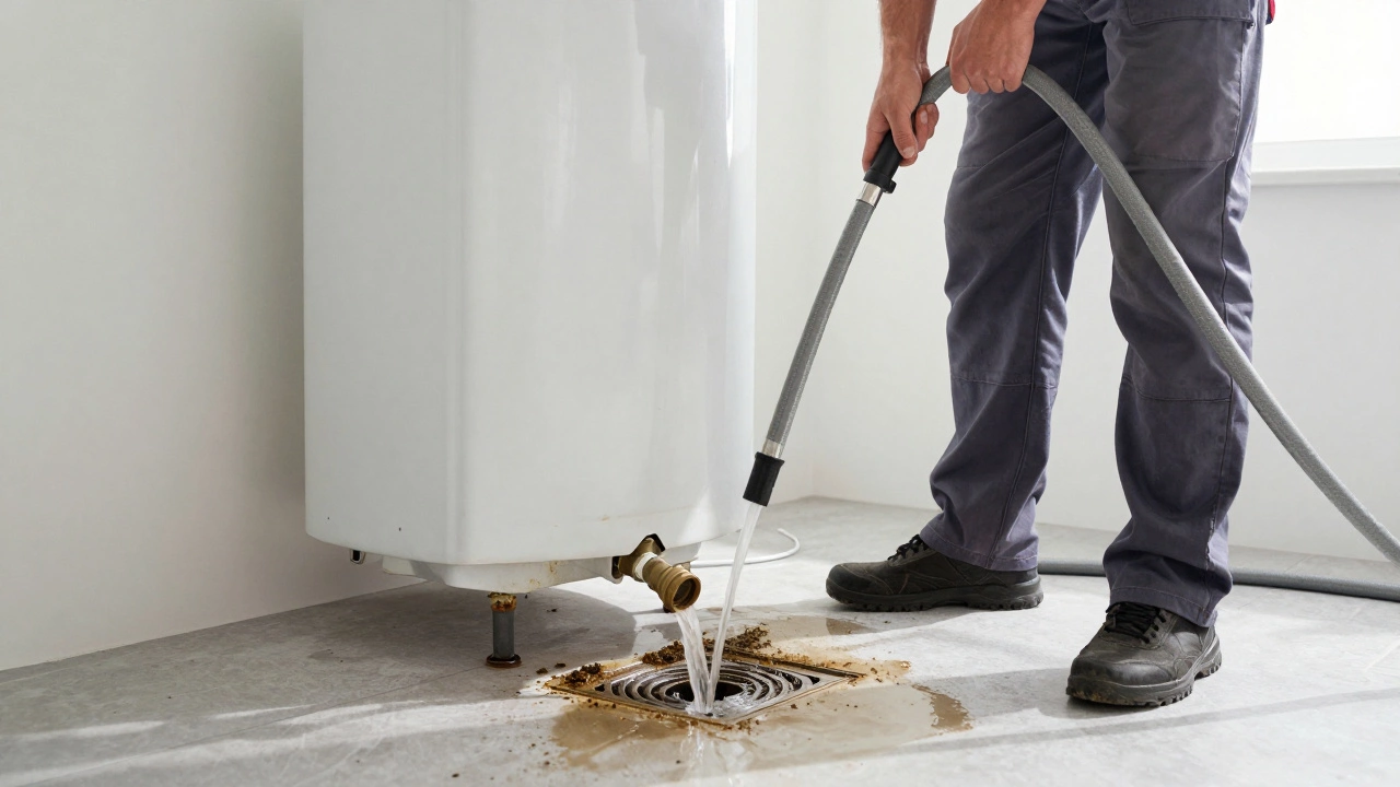 Homeowner flushing sediment from a water heater with a hose