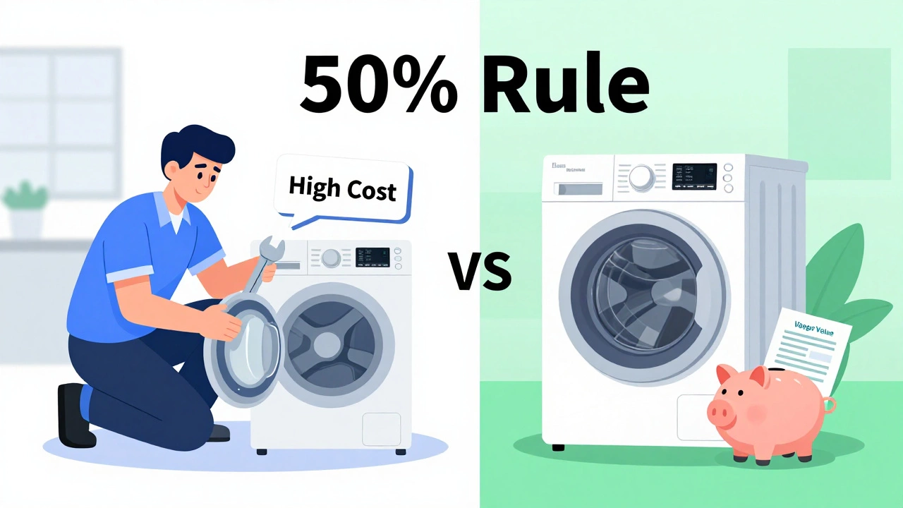 Illustration comparing the cost of repairing an old washer versus buying a new one.