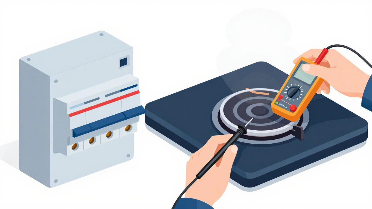 Illustration of checking circuit breakers and testing hob heating elements.