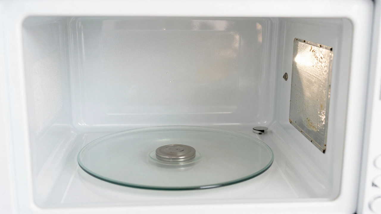 Inside microwave showing dirty waveguide cover