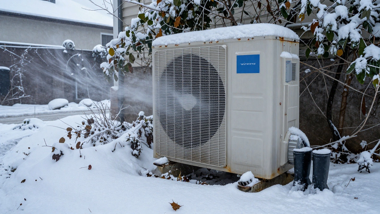 Outdoor heat pump unit covered in snow and debris in a winter landscape