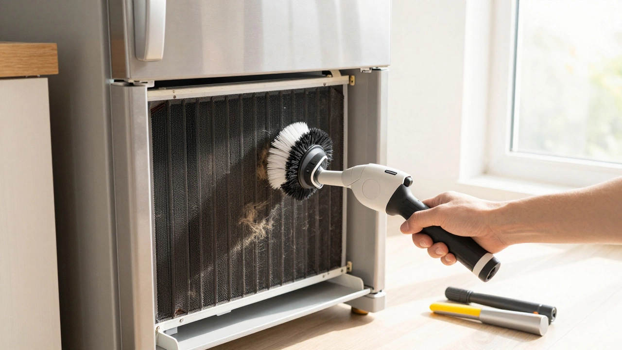 Person cleaning dusty fridge condenser coils
