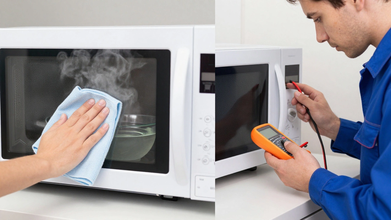 Person cleaning microwave and technician inspecting unit