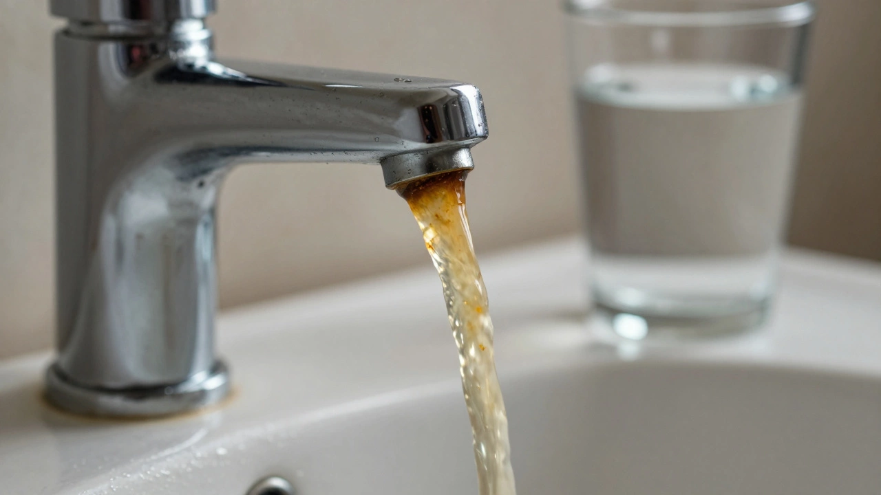 Rusty brown hot water flowing from a chrome tap