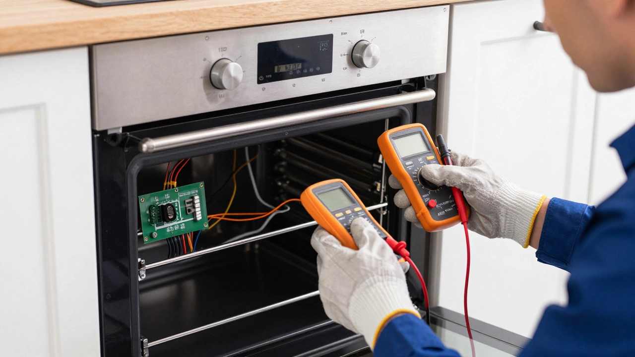 Technician testing electric oven control board with multimeter