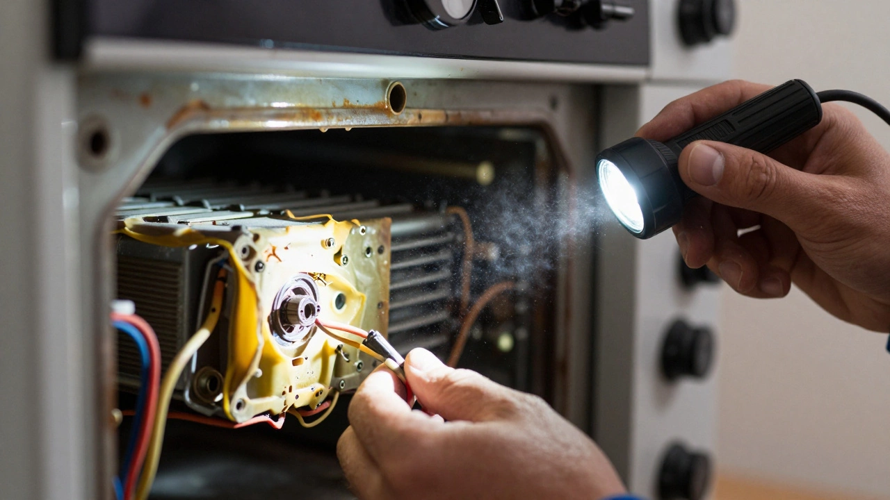 Close up of brittle wiring and corroded parts inside an old broken oven.