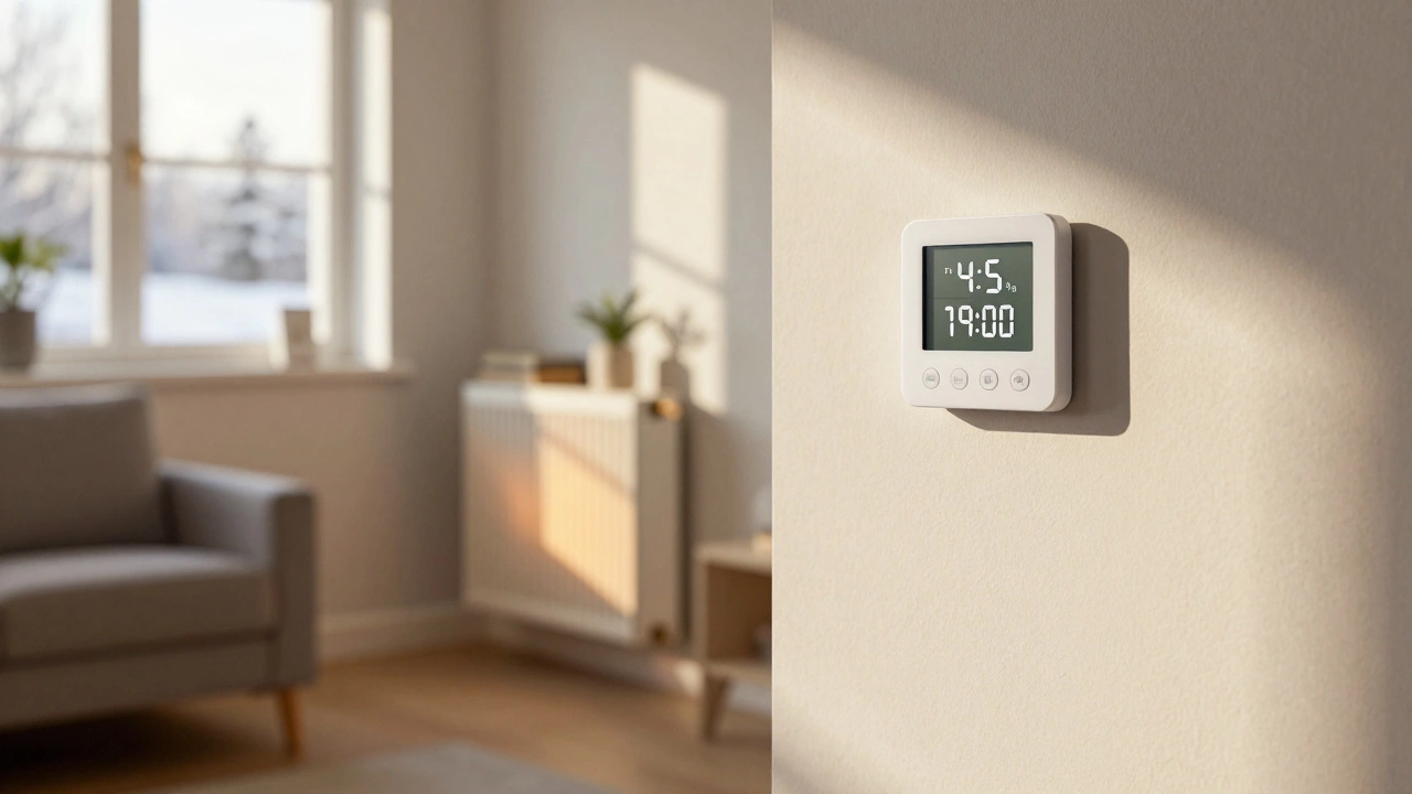 Cozy living room with a wall-mounted heating programmer timer