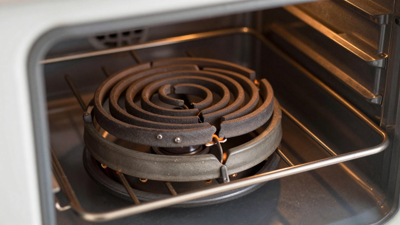 Damaged electric oven heating element with broken coil
