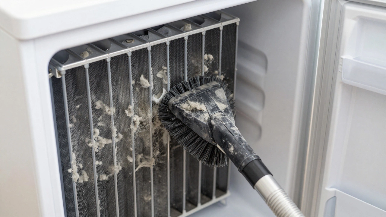 Dirty condenser coils on back of freezer being cleaned