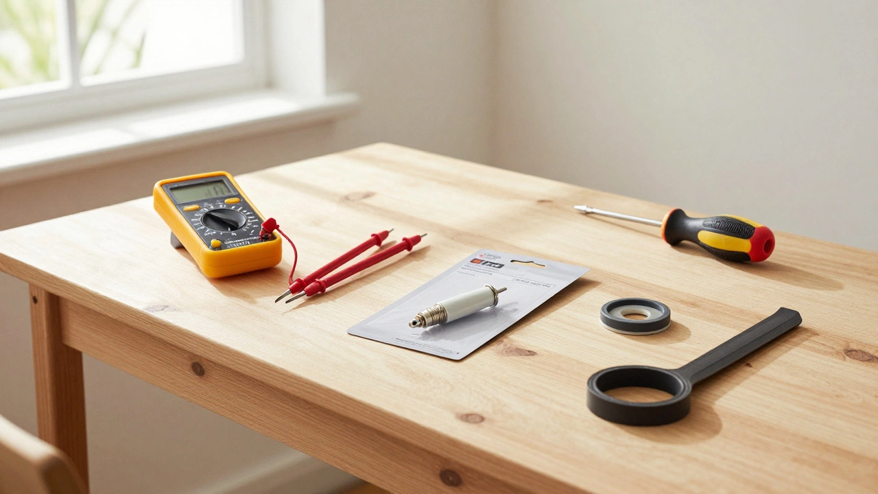 DIY repair tools including multimeter and oven parts on table