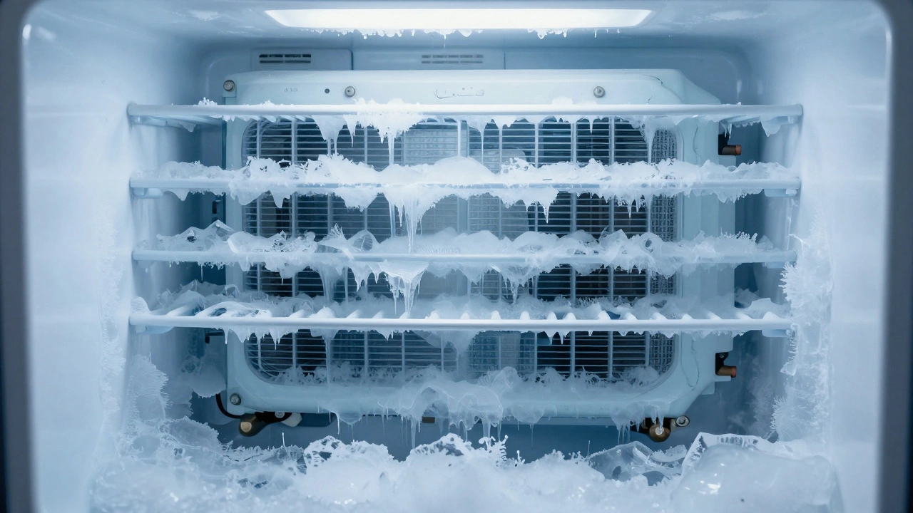 Freezer coils blocked by thick ice buildup preventing cooling