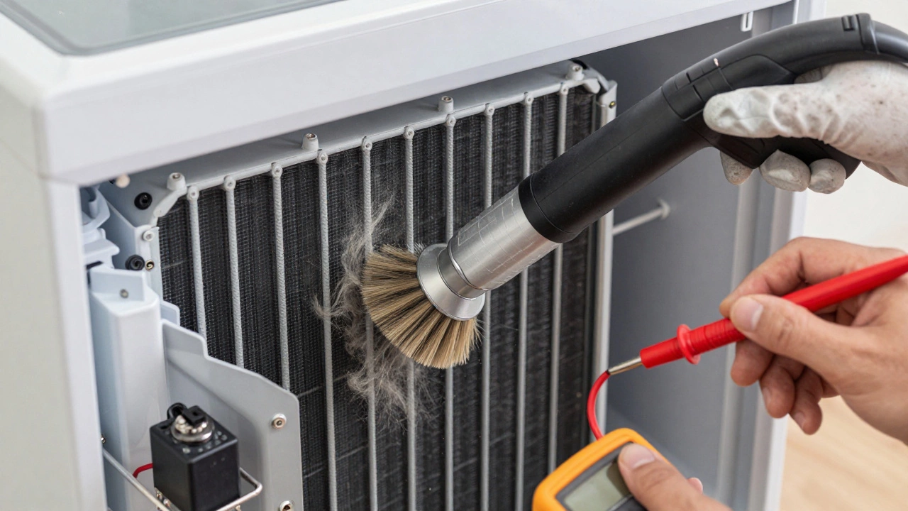 Hand cleaning freezer condenser coils with vacuum and multimeter