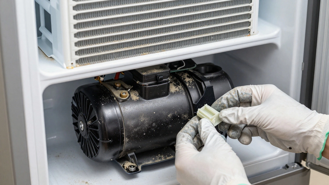 Hands inspecting a refrigerator compressor and start relay