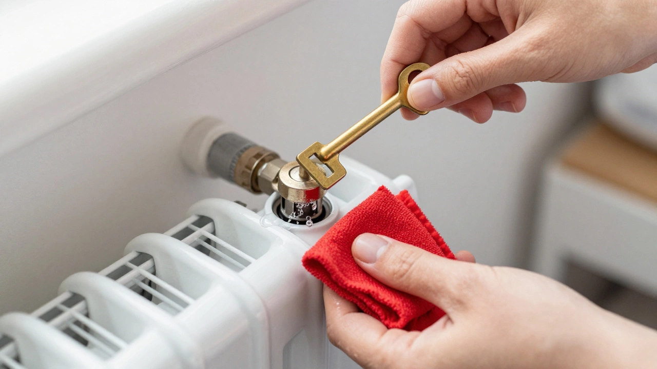Hands using a key to bleed air from a radiator valve safely
