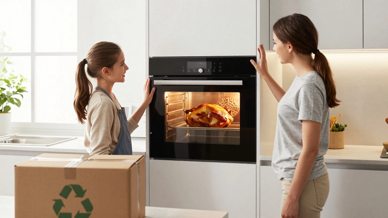 Happy family in modern kitchen with new oven and recycling box nearby.