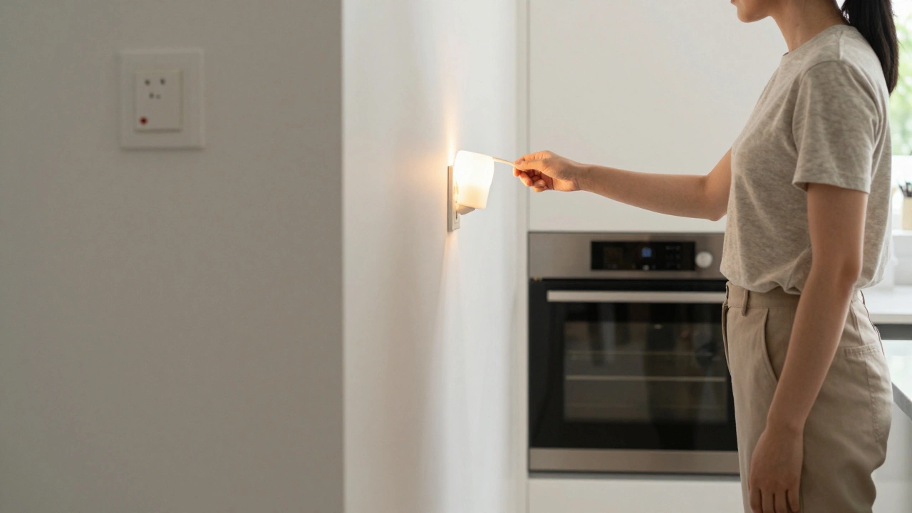 Homeowner testing a wall socket with a lamp near a closed oven