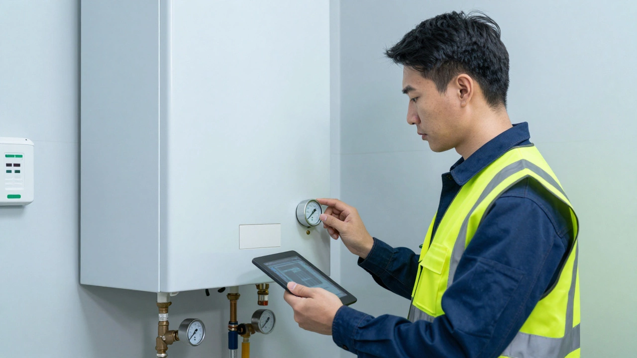 Licensed engineer inspecting a boiler with diagnostic tools