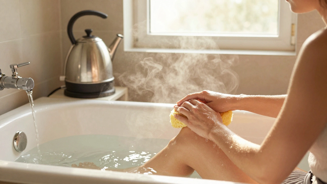 Person bathing using hot water from an electric kettle