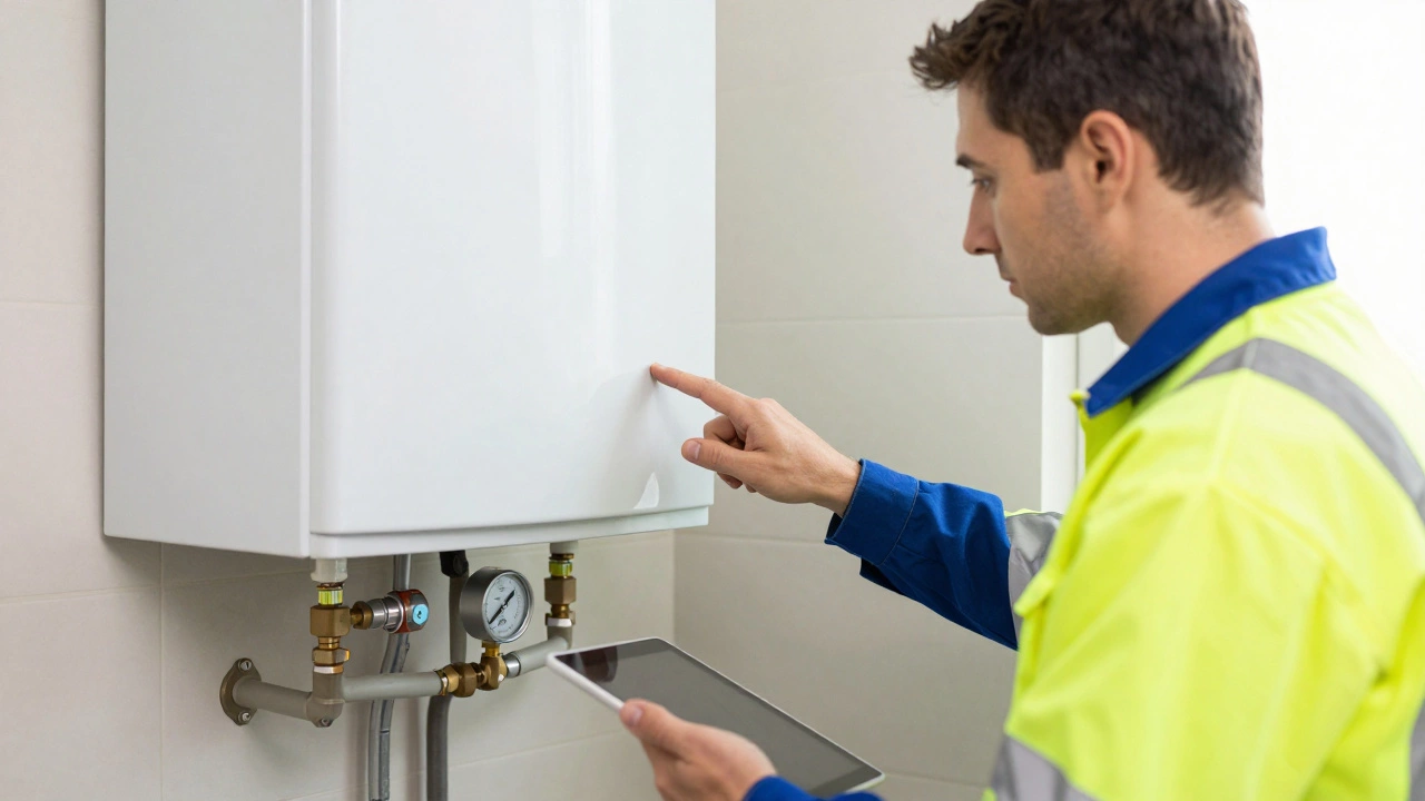 Plumber inspecting boiler pressure gauge in utility room