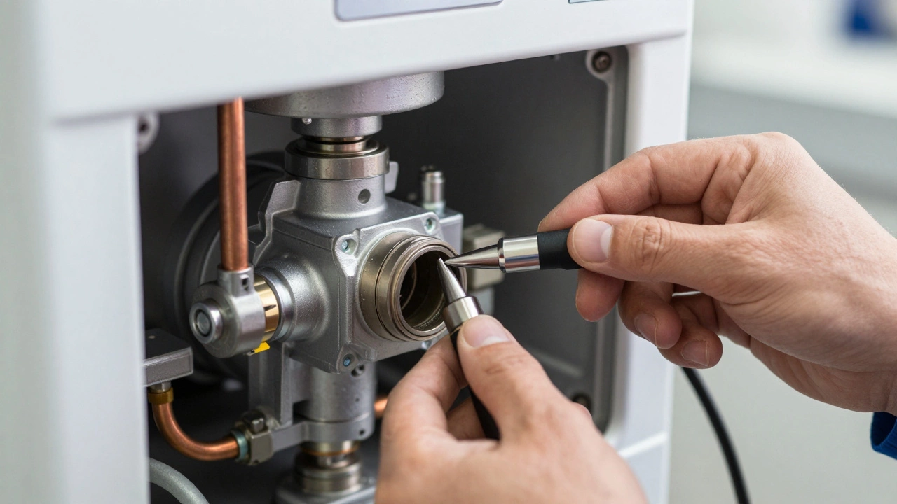 Technician performing maintenance inspection on boiler internal components
