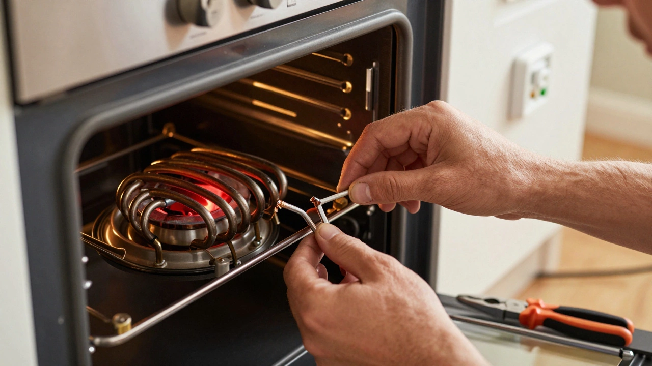 Technician replacing a broken heating element inside an electric oven
