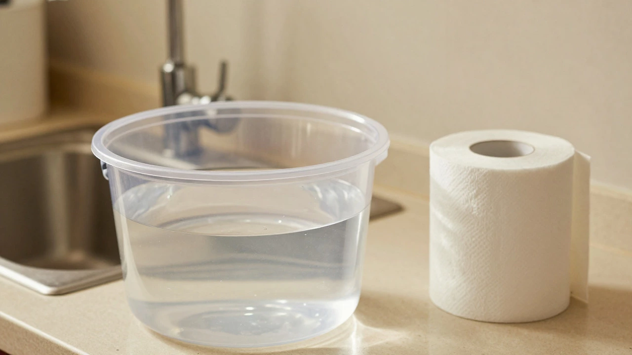 Bucket of water and toilet paper ready for manual flushing