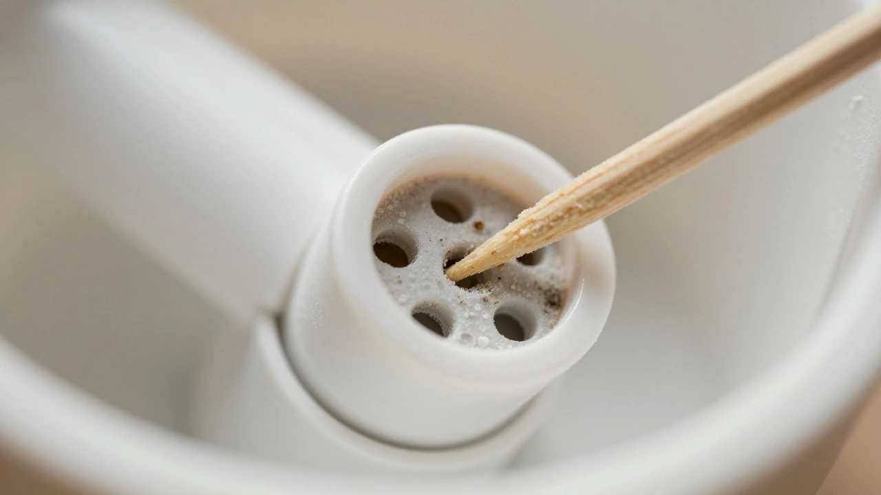 Close-up of a toothpick clearing limescale from a dishwasher spray arm hole