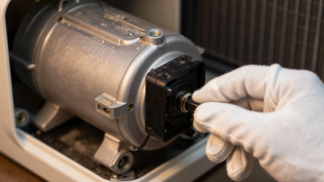 Close-up of freezer compressor and start relay component