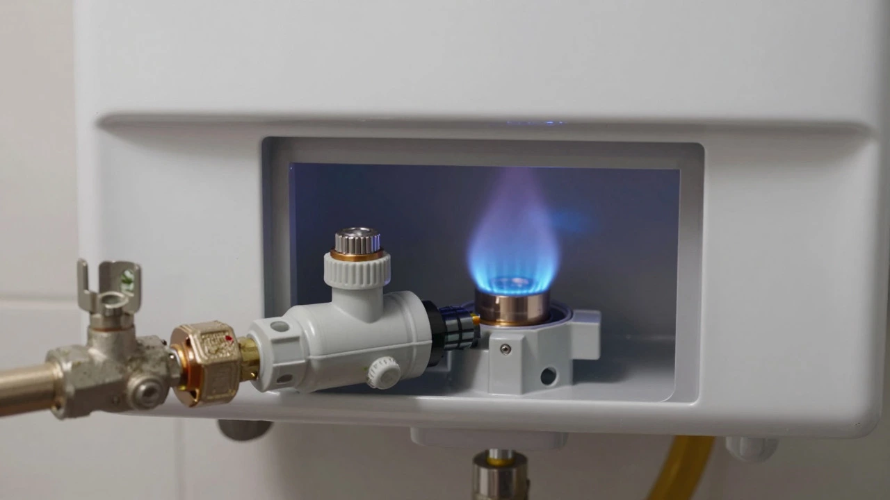 Close up of gas heater pilot light and limescale