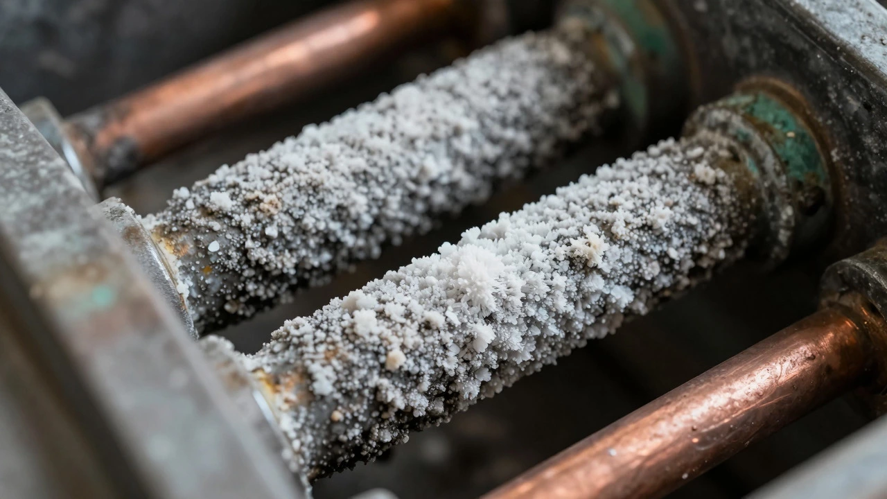 Close-up of limescale buildup on a boiler heat exchanger pipe