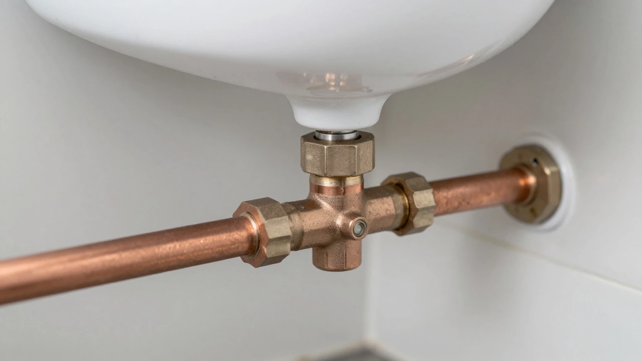 Close-up of toilet cistern connected to direct mains water pipe