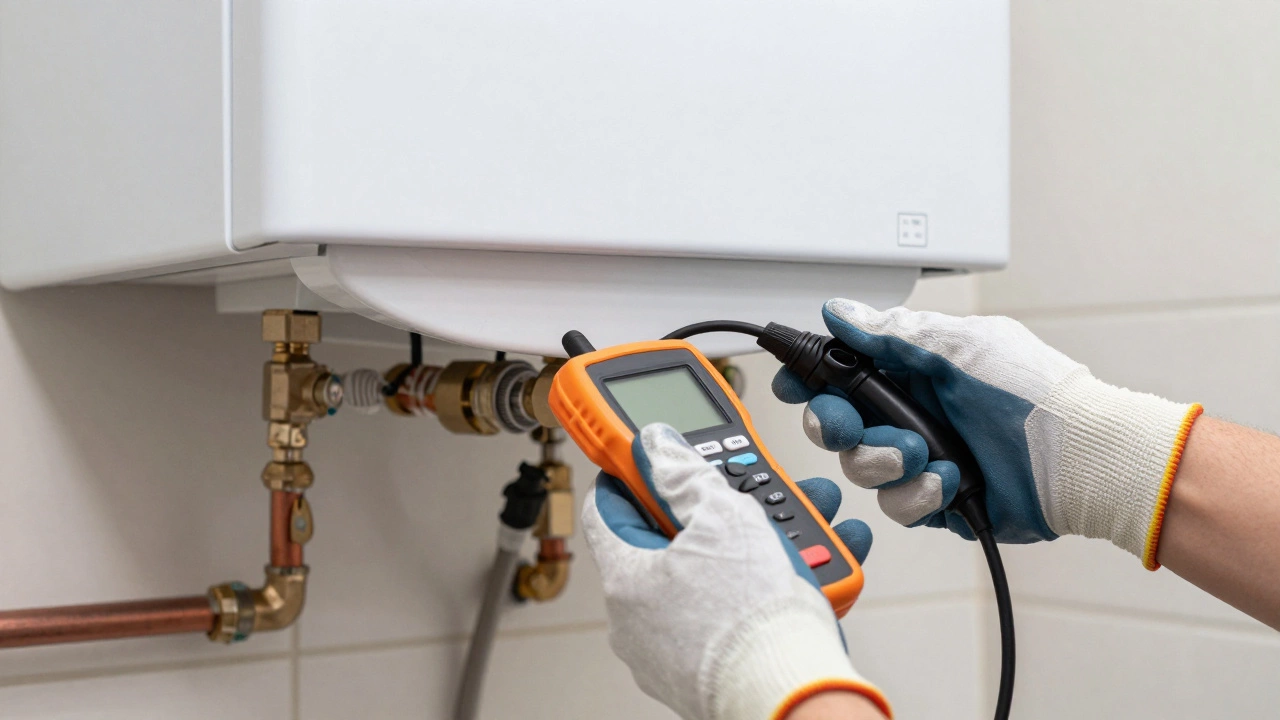 Engineer testing new boiler with safety analyzer