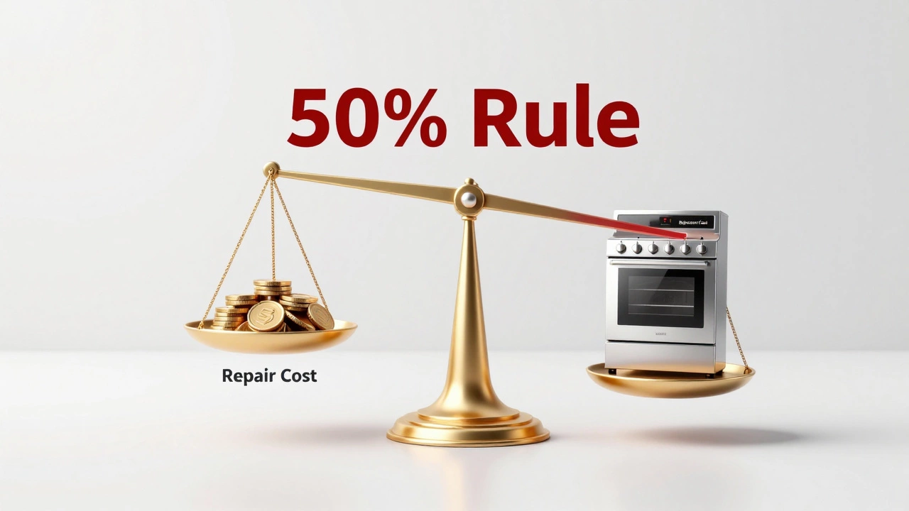Golden scale balancing repair costs against a new modern electric range