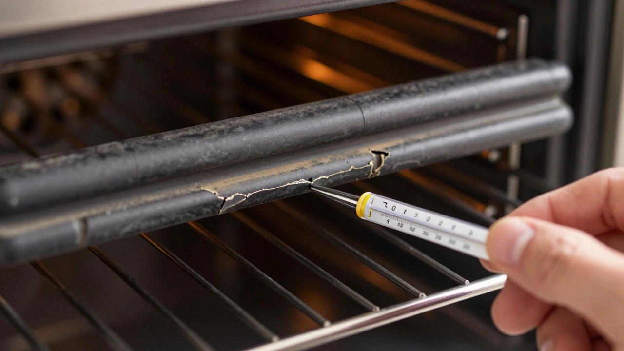 Hand checking oven temperature with a thermometer