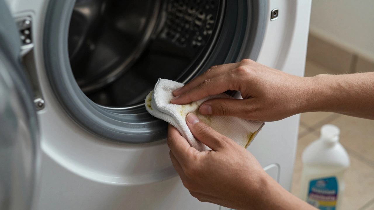 Hands cleaning mold from a washing machine rubber door seal